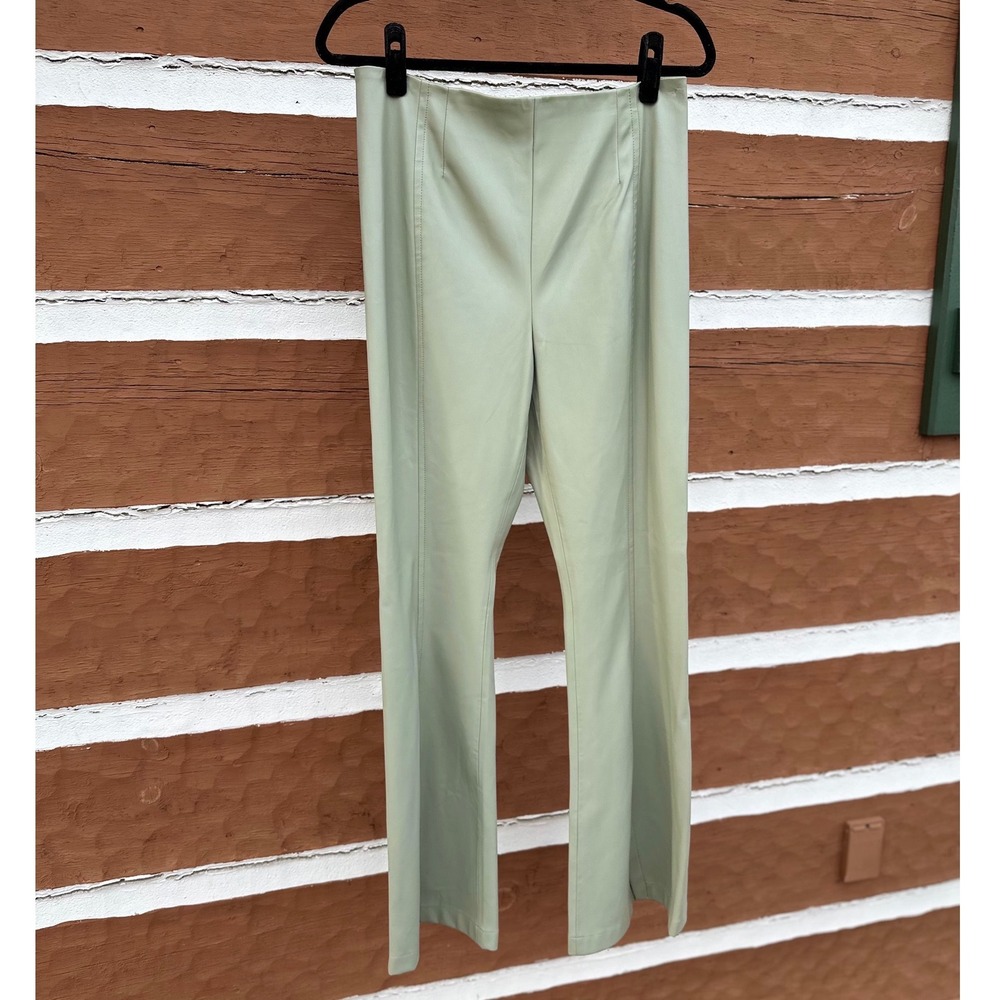 Free People We The Free Real Deal Slit Faux Leather High Rise Flare Pants Green - Picture 2 of 10
